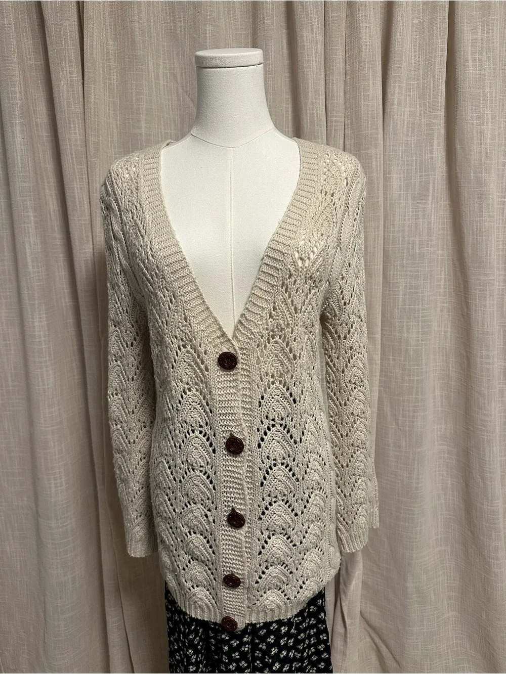 FILO Cream Openwork Button-Front Women's Cardigan Sweater
